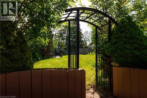 Expansive backyard featuring a lush lawn, mature trees, and a decorative metal archway with a gate - 907 Doon Village Road, Kitchener, ON - Outdoor