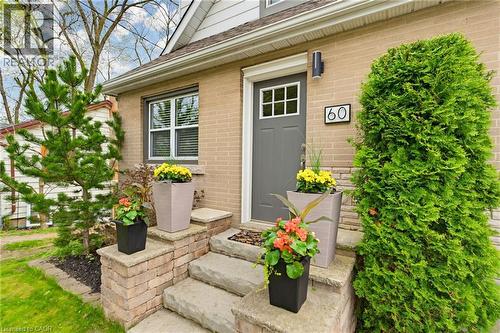 Brick exterior featuring a gray entry door with grid glass, stone steps, and contrasting stone retaining walls - 60 Avenue Road, Cambridge, ON - Outdoor