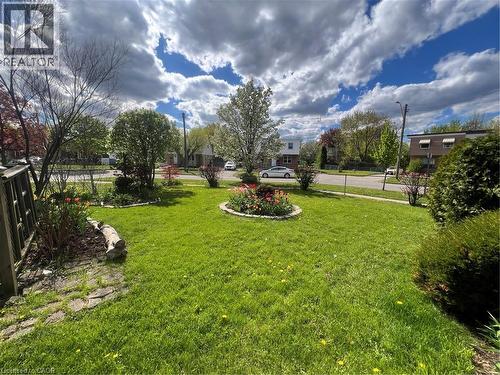 Manicured front lawn with established landscaping beds, mature trees, and a wooden fence boundary - 56 Eastvale Place, Hamilton, ON - Outdoor With View