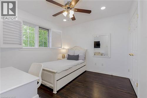 Bedroom featuring dark wood-style floors, a ceiling fan, and recessed lighting - 32 Vineberg Drive, Hamilton, ON - Indoor Photo Showing Bedroom