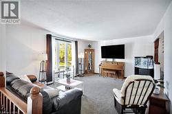 Bright living area featuring white walls, textured ceiling, a large window with white trim and dark drapes, and light brown carpeting - 