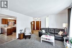 Living area with brown carpeting and freshly painted walls - 