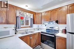 Full kitchen featuring wood-finish cabinetry, white countertops, and a dual stainless steel sink - 