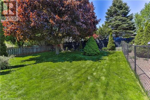 Generous backyard with a vast expanse of green lawn, featuring mature trees providing ample shade - 16 Sandlewood Avenue, Brantford, ON - Outdoor