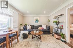 Living area featuring light-toned walls, recessed lighting, and crown molding - 