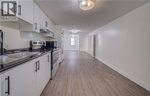 White cabinetry with matte black hardware, stainless steel appliances, dark countertops, and wood-finish flooring - 161 Kipling Avenue, Kitchener, ON - Indoor Photo Showing Kitchen With Double Sink