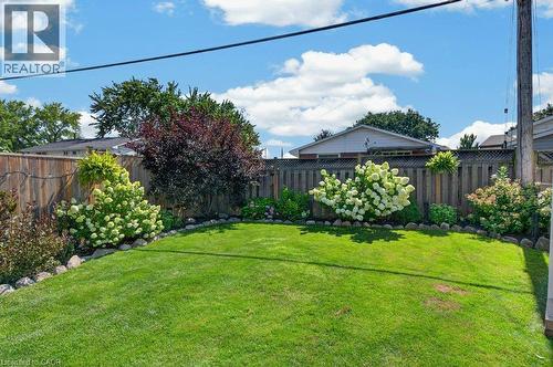 Expansive green lawn surrounded by a wooden privacy fence, established landscaping with flowering shrubs, and a decorative rock border - 60 Elford Crescent, Hamilton, ON - Outdoor