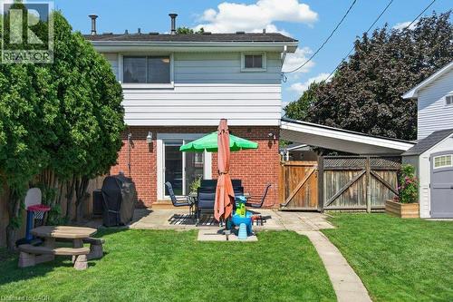 Spacious backyard oasis featuring a manicured lawn, mature landscaping with evergreen trees, brick patio with pergola shade structure, and wooden deck access - 60 Elford Crescent, Hamilton, ON - Outdoor With Exterior