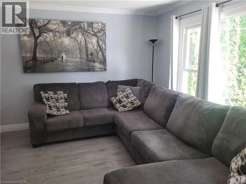 Light gray wall paint with crown molding, light wood-finish flooring, and natural light from a window with white trim - 23 Bentley Place, Hamilton, ON - Indoor Photo Showing Living Room