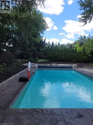 Resort-style swimming pool featuring crystal-clear turquoise water, concrete decking, and integrated diving board - 23 Bentley Place, Hamilton, ON - Outdoor With In Ground Pool With Backyard