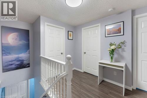 Upper-level landing featuring wood-finish flooring, light gray walls, white paneled doors, and a white balustrade - 33 Remple Court, Cambridge, ON - Indoor Photo Showing Other Room