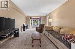 Carpeted living area featuring neutral-toned walls, a bay window with window treatments, and white trim - 