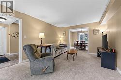 Open-concept living area featuring neutral-toned walls, carpeted flooring, and a broad entryway to a dining space - 