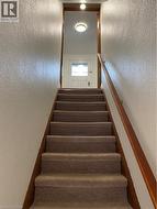 Carpeted staircase with wood-finish handrail and trim - 
