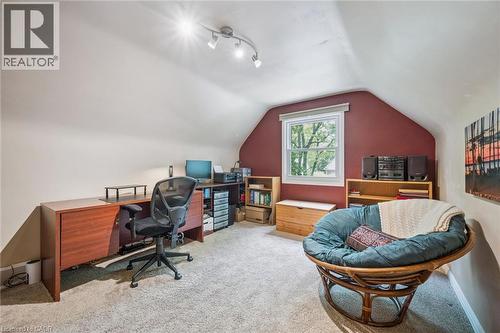 Sloped ceilings, recessed window, track lighting, and carpeted flooring - 119 Sandy Ridge Place, Waterloo, ON - Indoor Photo Showing Office