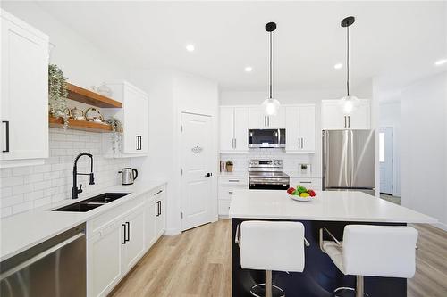 Modern Kitchen; quartz counter, kitchen island, walk-in pantry! - 223 Harmony Lane, Steinbach, MB - Indoor Photo Showing Kitchen With Double Sink With Upgraded Kitchen