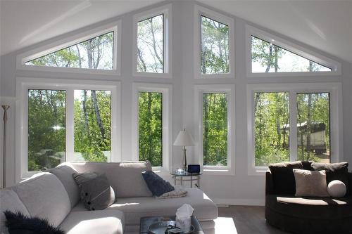 The living room features vaulted ceilings and this stunning wall of windows. Not a bad view... - 7 Dalvik Road, Gimli Rm, MB - Indoor Photo Showing Living Room
