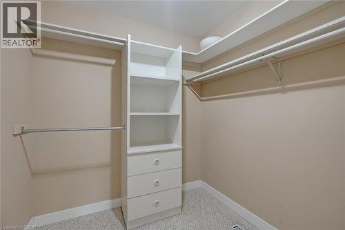 Carpeted walk-in closet featuring built-in shelving, multiple hanging rods, and integrated drawers - 4189 Inglewood Drive, Burlington, ON - Indoor With Storage