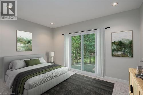 Recessed ceiling lighting, light-toned wall paint, sliding glass door, outdoor deck access, and light-toned carpeting - 4189 Inglewood Drive, Burlington, ON - Indoor Photo Showing Bedroom
