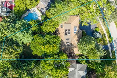 Gabled roofline residence with skylights and multiple windows, surrounded by mature trees, featuring a paved driveway - 4189 Inglewood Drive, Burlington, ON - Outdoor