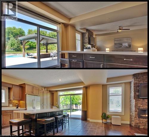 Property Interior Spaces. Photographic documentation of residential kitchen, dining, and outdoor living areas with fenestration and structural features - 913 Valebrook Court, Kitchener, ON - Indoor With Fireplace