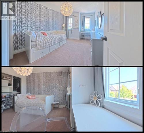 Interior Property View. Presenting a room with patterned wallpaper, daybed, and window - 913 Valebrook Court, Kitchener, ON - Indoor Photo Showing Bedroom