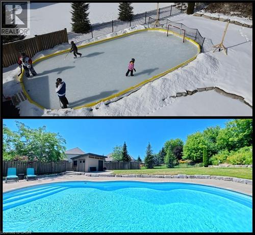 **Winter Recreation & Summer Leisure** Backyard oasis featuring dual seasonal amenities: an Olympic-sized in-ground swimming pool with crystal-clear water and surrounding concrete decking, complement - 913 Valebrook Court, Kitchener, ON - Outdoor With In Ground Pool With Backyard