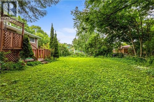 Expansive backyard with a wooden deck and steps, mature trees, and established shrubbery - 695 Glen Forrest Boulevard Unit# Upper, Waterloo, ON - Outdoor