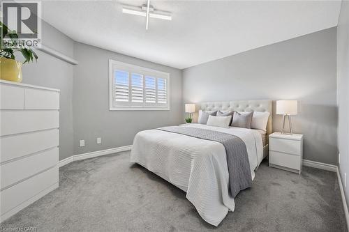 Plush gray carpet, light gray wall paint, window with white plantation shutters, white ceiling light fixture, and white trim - 60 Elmsdale Drive Unit# 25, Kitchener, ON - Indoor Photo Showing Bedroom