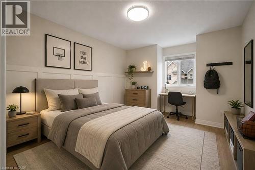 Recessed window, wood-finish flooring, ceiling-mounted light fixture, and built-in wall paneling - 320 Hamilton Drive Unit# 10, Ancaster, ON - Indoor Photo Showing Bedroom