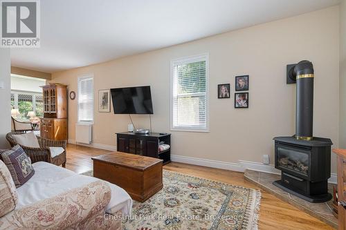 Cozy family room with gas stove - 71 Hickory Street, Collingwood, ON - Indoor Photo Showing Living Room With Fireplace
