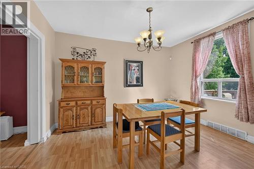 Wood-finish flooring throughout, featuring a multi-pane window with white trim, and a brass-tone ceiling fixture - 230 Picton Street E, Hamilton, ON - Indoor Photo Showing Dining Room
