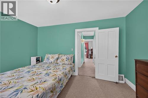 White ceiling with a flush-mount light fixture, contrasting wall color, and carpeted flooring - 230 Picton Street E, Hamilton, ON - Indoor Photo Showing Bedroom
