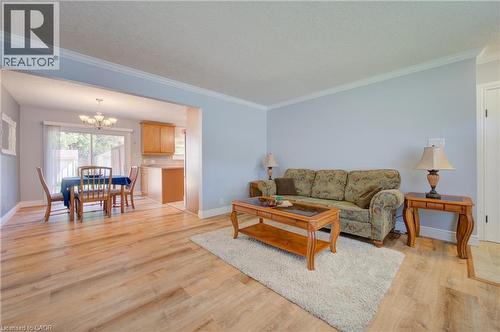 Wood-finish flooring throughout, crown molding, and a dining area with a chandelier - 251 Union Street E, Waterloo, ON - Indoor Photo Showing Living Room