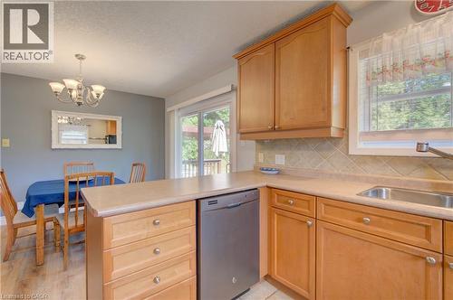 Wood-finish cabinetry, tile backsplash, stainless-steel sink, and a built-in dishwasher - 251 Union Street E, Waterloo, ON - Indoor Photo Showing Kitchen