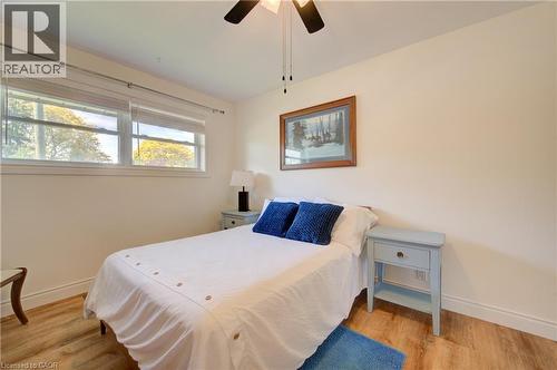Wood-finish flooring, ceiling fan, and two windows with blinds - 251 Union Street E, Waterloo, ON - Indoor Photo Showing Bedroom