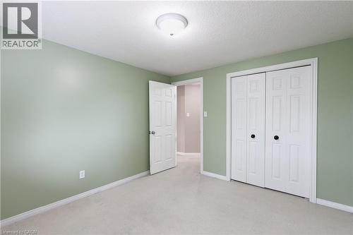 Wall-to-wall carpeting, bi-fold closet doors with matte black hardware, and a semi-flush mount ceiling light fixture - 248 Bridlewreath Street, Kitchener, ON - Indoor