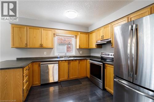 Kitchen featuring wood cabinetry, stainless steel appliances, dark countertops, and dark wood-finish flooring - 248 Bridlewreath Street, Kitchener, ON - Indoor Photo Showing Kitchen With Double Sink