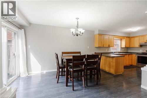 Open-concept living space featuring wood-finish flooring, a kitchen with natural wood cabinetry, and a sliding glass door - 248 Bridlewreath Street, Kitchener, ON - Indoor