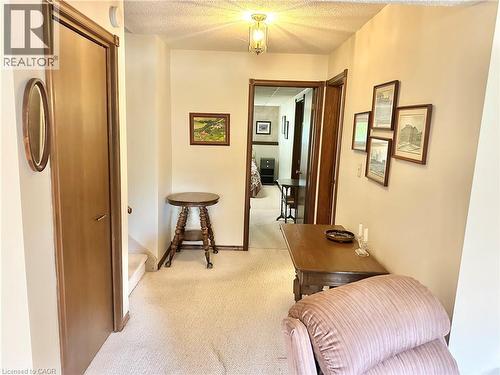 Carpeted hallway with a brass-finish ceiling light fixture - 44 Douglas Avenue, Simcoe, ON - Indoor Photo Showing Laundry Room