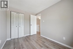 Wood-finish flooring, neutral wall tones, white bi-fold closet doors, and white trim - 