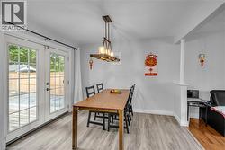 White French doors, wood-finish flooring, and a decorative linear pendant light - 