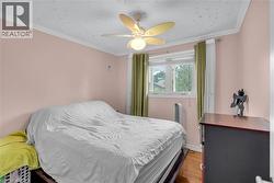 Ceiling fan with integrated lighting, crown molding, double-pane window, and wood-finish flooring - 