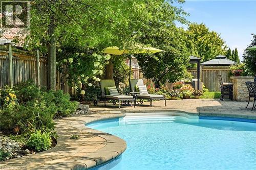 Resort-style swimming pool with crystal-blue water and curved stone decking, surrounded by mature shade trees and lush landscaping - 536 Cusick Circle, Milton, ON - Outdoor With In Ground Pool With Deck Patio Veranda With Backyard