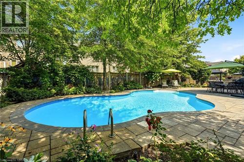Freeform swimming pool with integrated steps, surrounded by stone paver decking and mature trees - 536 Cusick Circle, Milton, ON - Outdoor With In Ground Pool With Deck Patio Veranda With Backyard