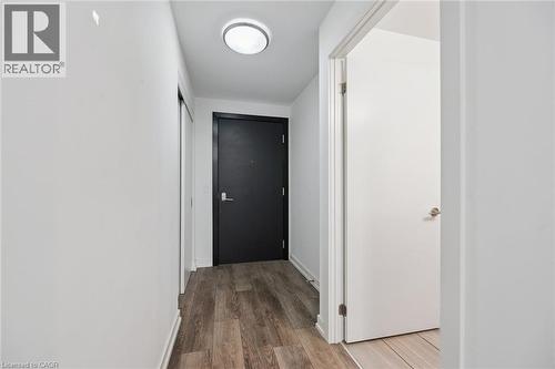 Foyer featuring wood-finish flooring, a dark entry door, a flush-mount ceiling light, and white interior doors - 15 Wellington Street S Unit# 903, Kitchener, ON - Indoor Photo Showing Other Room