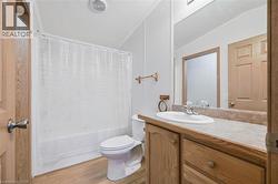 Bathroom featuring a full vanity with an integrated sink, a large wall-mounted mirror, and wood-finish flooring - 