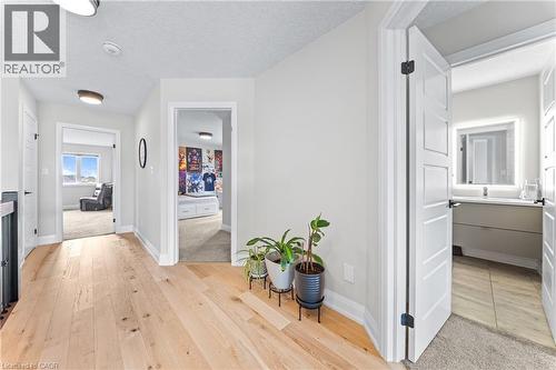Hardwood flooring throughout a bright hallway with white walls and trim, leading to three separate rooms - 130 Pondcliffe Drive, Kitchener, ON - Indoor Photo Showing Other Room With Fireplace