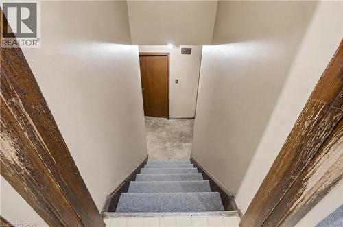 Carpeted staircase with painted risers and wood-finish stringers, leading to a lower level with a solid wood door - 11 Kimbermount Drive, St. Catharines, ON - Indoor Photo Showing Other Room