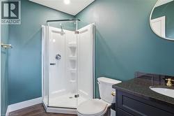 Corner shower with clear glass enclosure and built-in shelving, dark wood-finish flooring, and a dark vanity with a white basin sink - 
